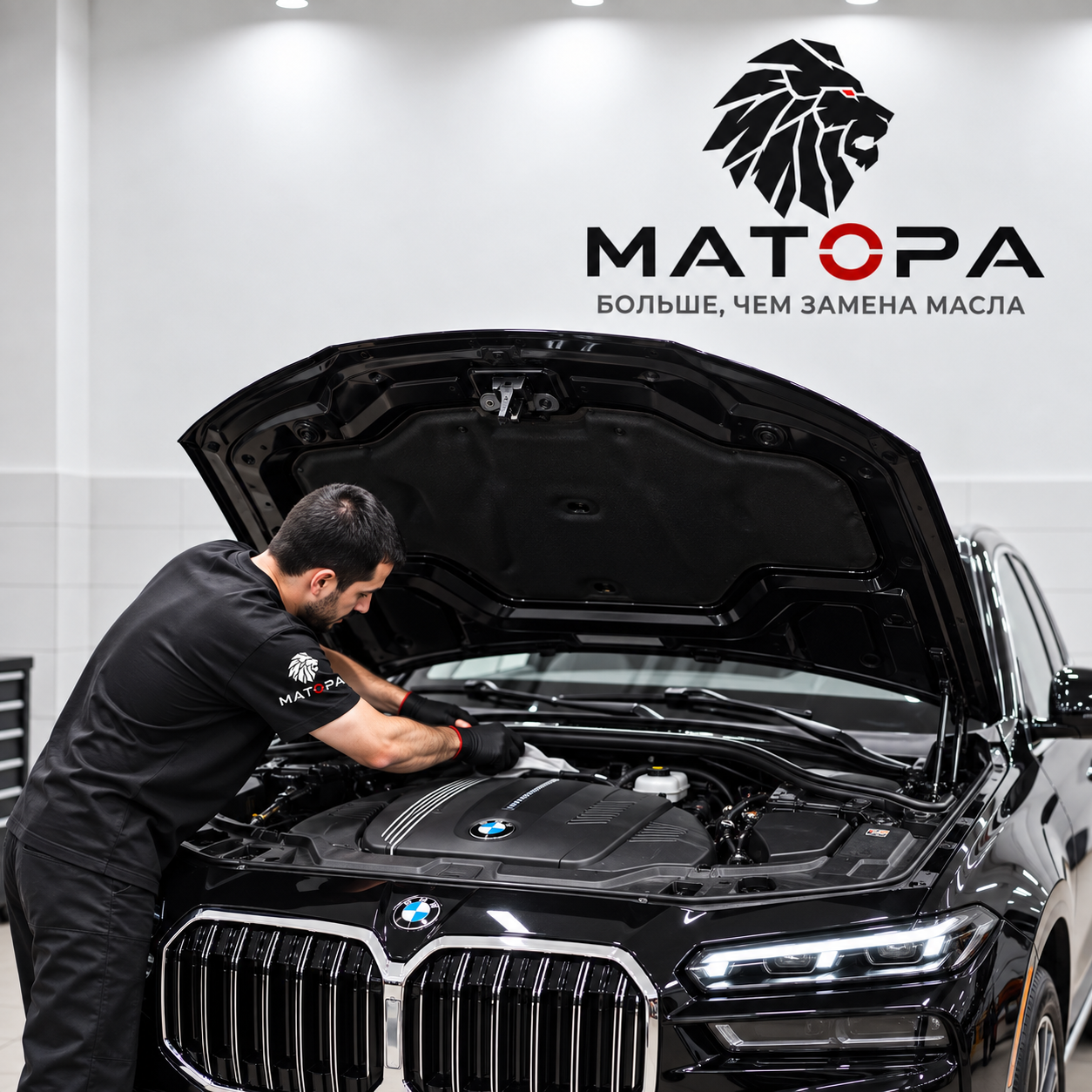 Мастер МАТОРА обслуживает BMW с открытым капотом